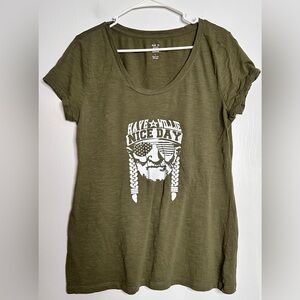 Olive Green Graphic Tee. Upcycled. Women’s size Large